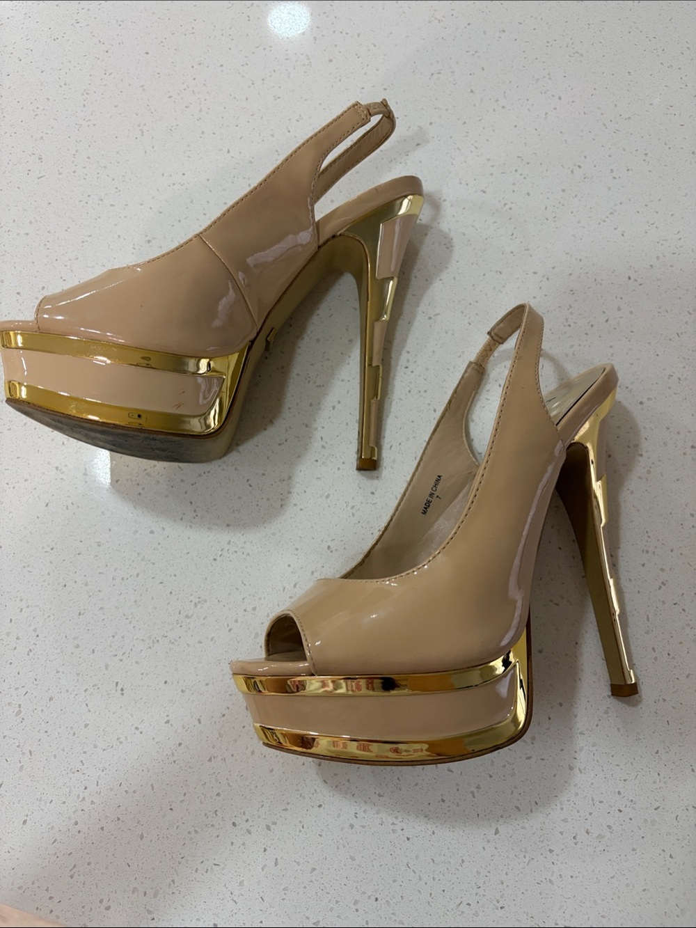 bebe Nude Patent Peep-Toe Slingback Heels